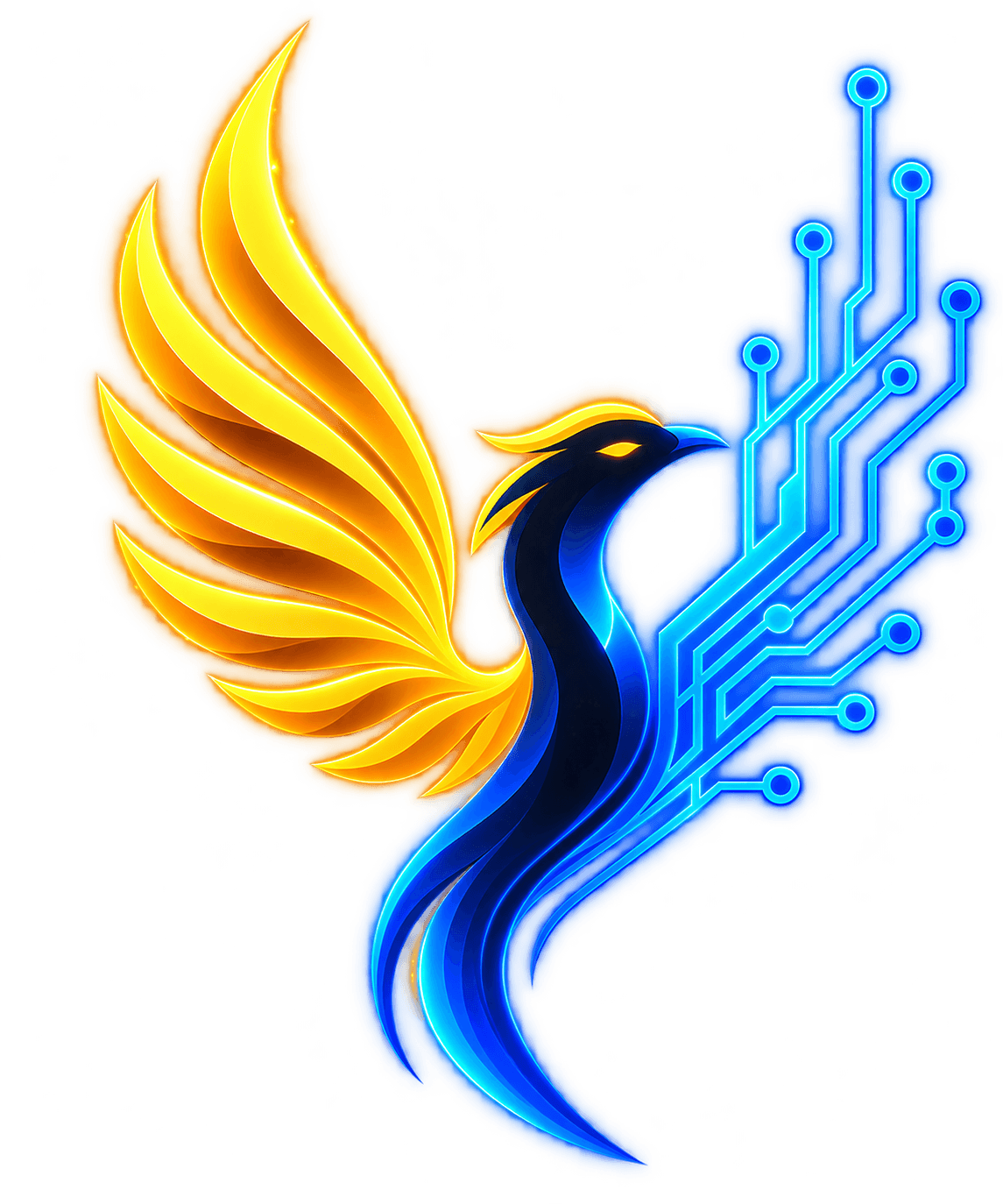 Fénix compuesto por un ala dorada orgánica y un ala de circuitos tecnológicos azul y dorado