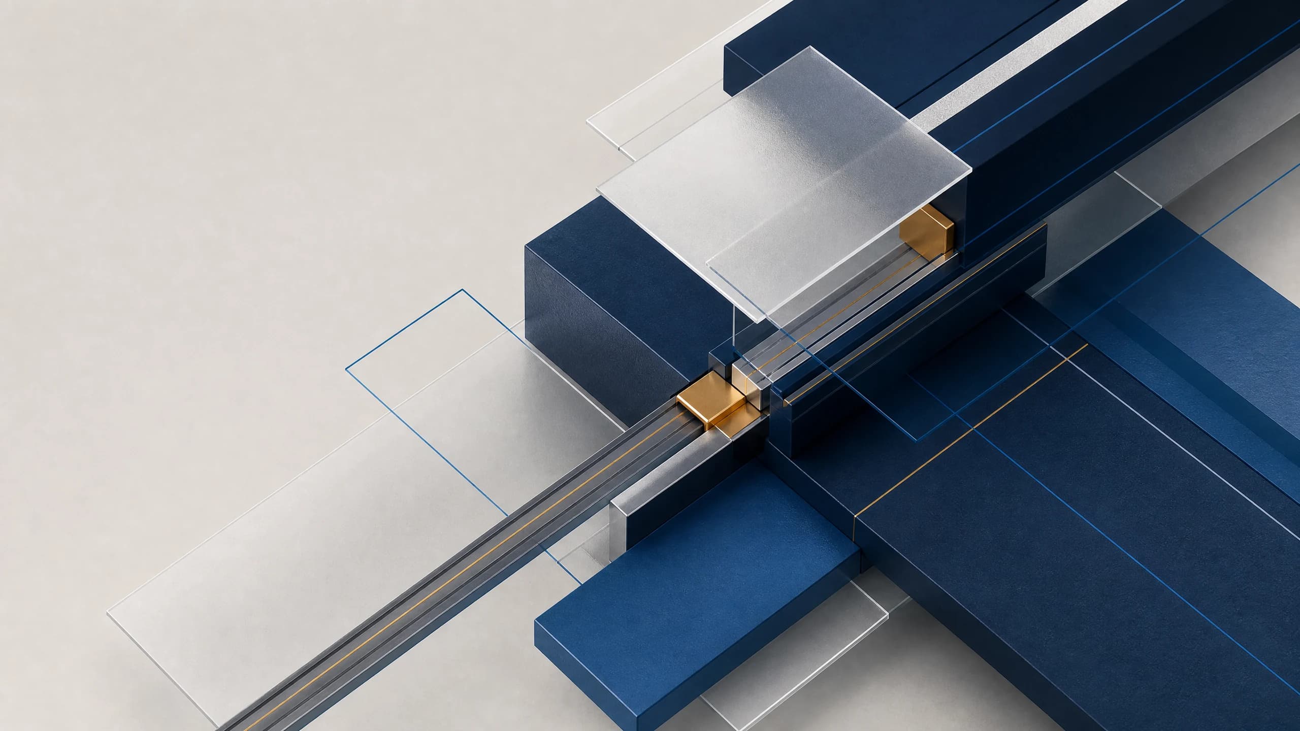 Composición geométrica abstracta de módulos tecnológicos en ensamblaje